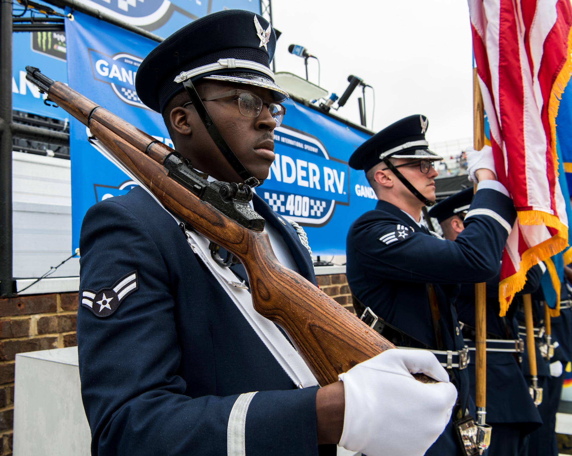 The Dover Air Force Base Honor Guard presents colors during the opening ceremony for the Gander RV 400 Monster Energy NASCAR Cup Series race May. 5, 2019, at the Dover International Speedway in Dover, Del. The Honor Guard also presented colors during the opening ceremony on May 4, 2019. (U.S. Air Force photo by Senior Airman Christopher Quail)