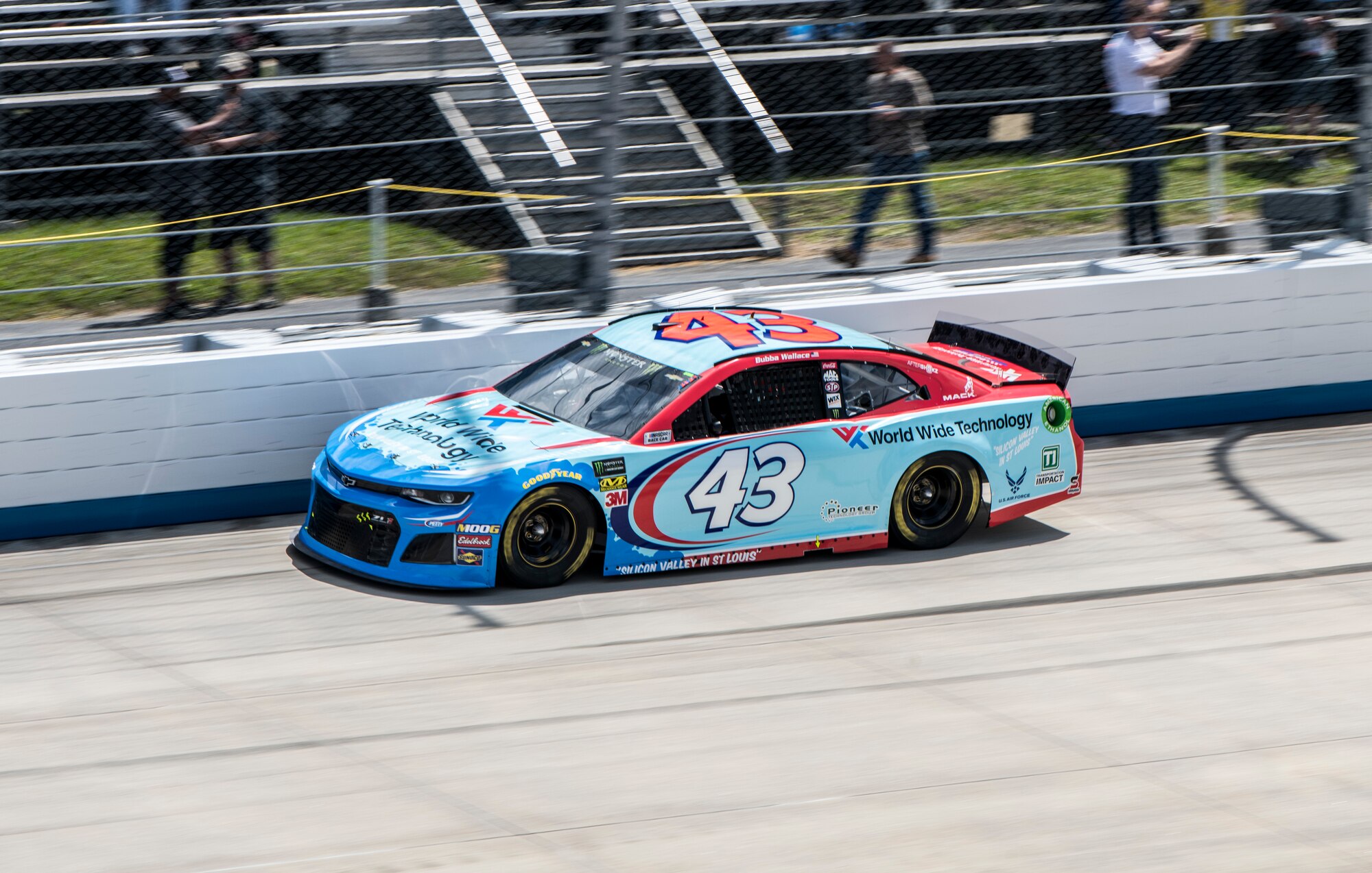 Darrell "Bubba" Wallace Jr., NASCAR Sprint Cup Series driver of the No. 43 Chevrolet, races during the Gander RV 400 Monster Energy NASCAR Cup Series race May 6, 2018, at Dover International Speedway, Dover, Del. The U.S. Air Force is one of the many sponsors of the No. 43 car. (U.S. Air Force photo by Senior Airman Christopher Quail)