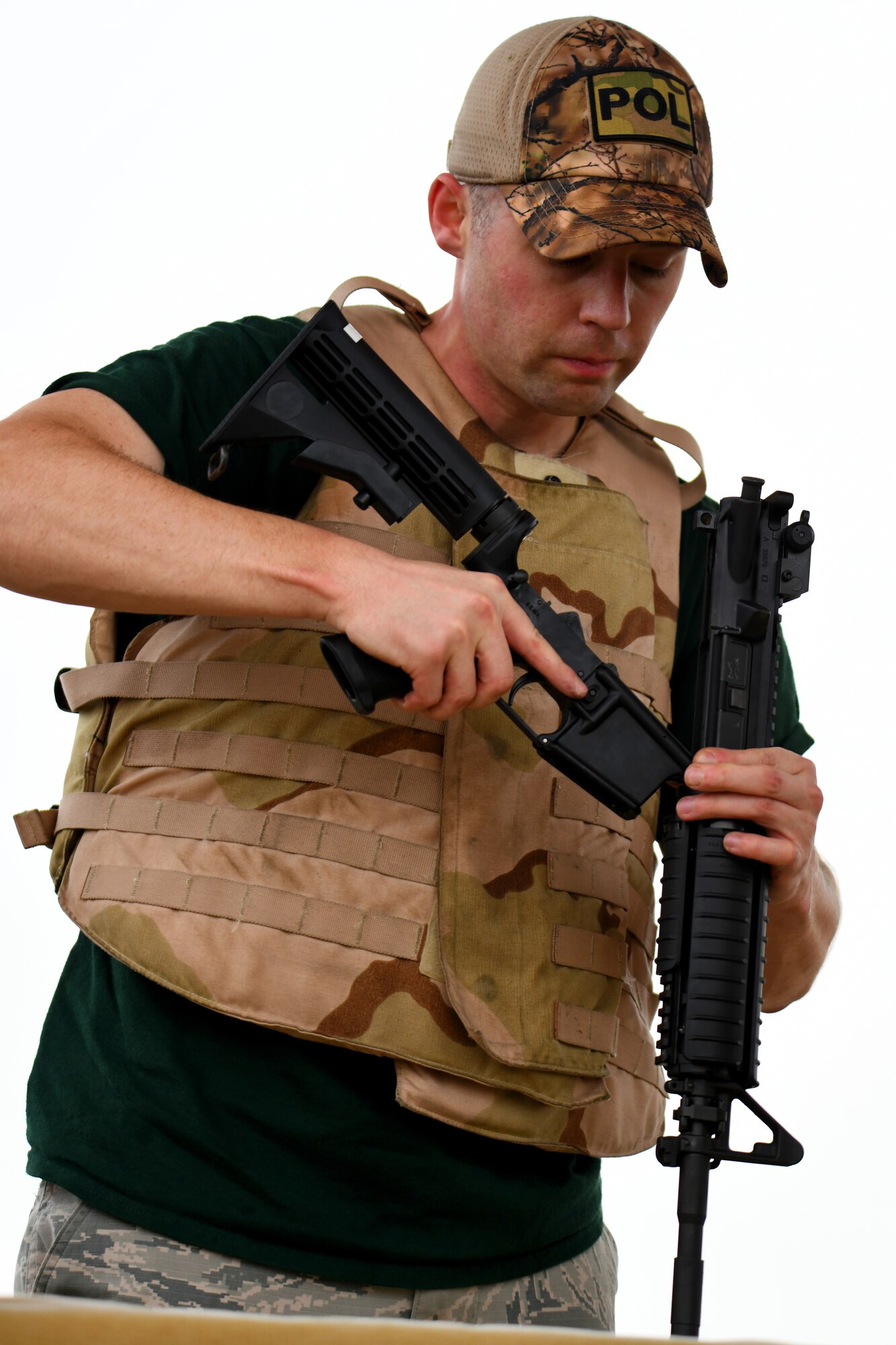 U.S. Air Force Technical Sergeant Nicholas Samuelson, 97th Logistics Readiness Squadron, Fuels Information Service Center Section Chief, reassembles an M-4 rifle during the LRS Warrior Challenge May 6, 2019, at Altus Air Force Base, Okla. While participating in the event, they completed challenges measuring both their physical strength and military knowledge such as weapon assembly and function checks. (U.S. Air Force photo by Technical Sergeant Robert Sizelove)
