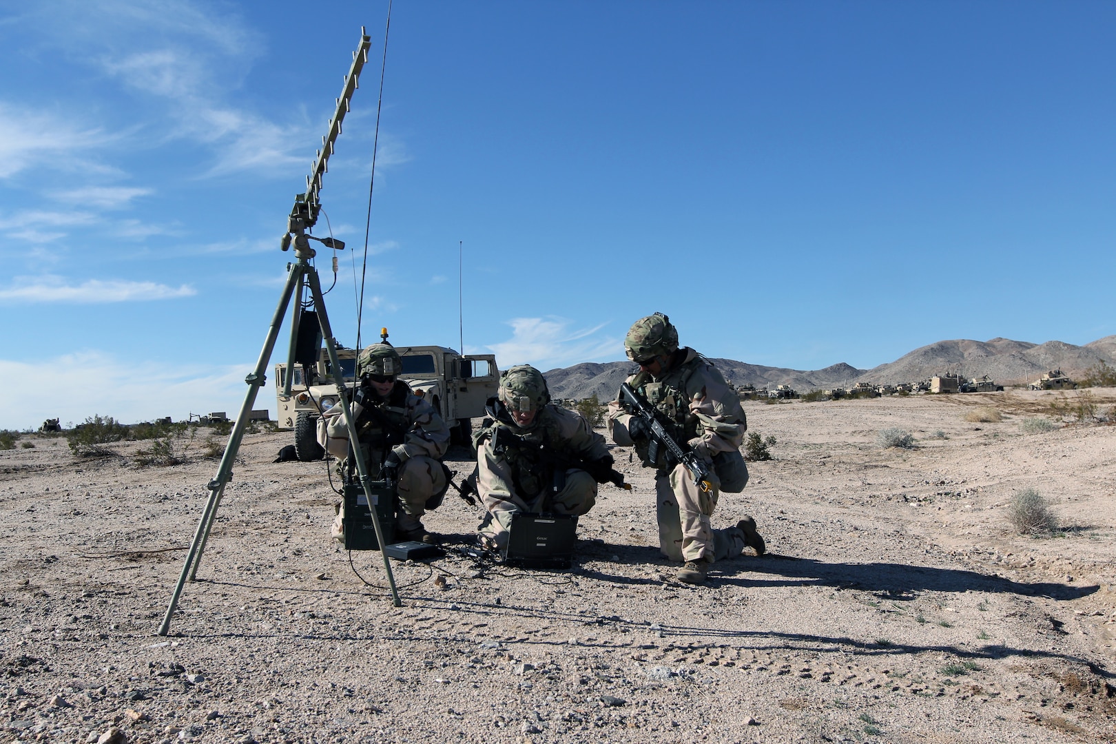 Cyberspace operations specialists with Expeditionary Cyber Support Detachment, 782nd Military Intelligence Battalion (Cyber), provide support to training rotation for 3rd Brigade Combat Team, 1st Cavalry Division, at National Training Center, Fort Irwin, California, January 13, 2019 (Steven Stover)