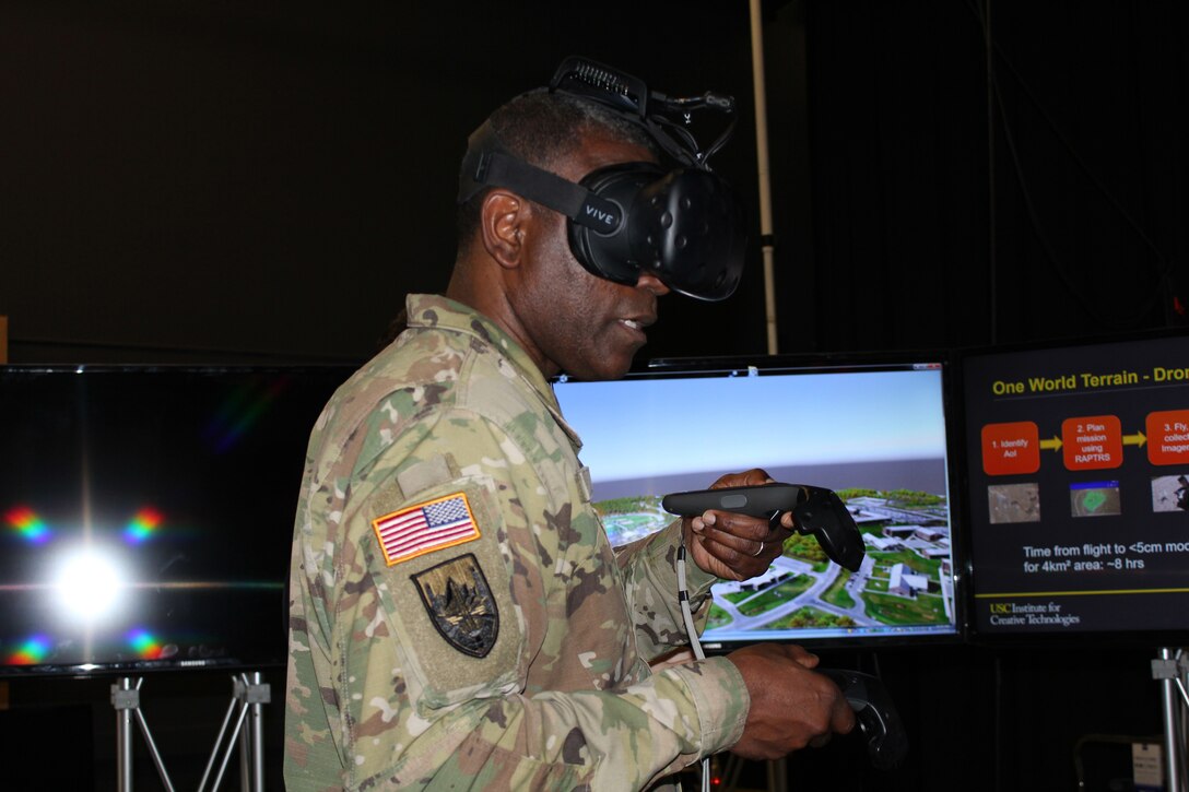 Commanding general of U.S. Army Research, Development, and Engineering Command tries hand at One World Terrain, March 2018 (U.S. Army)