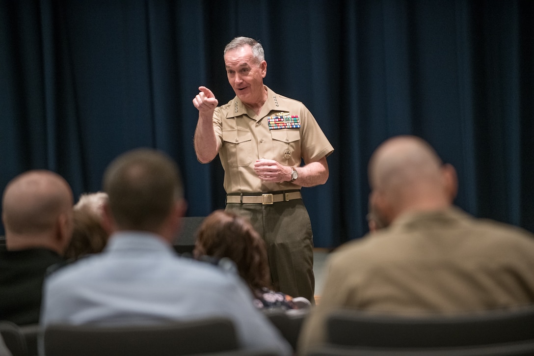 General Dunford speaks to students and spouses of Capstone 2018-3, a course for general and flag officers that reinforces comprehension of joint matters and national security strategy, at National Defense University in Washington, DC, May 18, 2018 (DOD/James K. McCann)