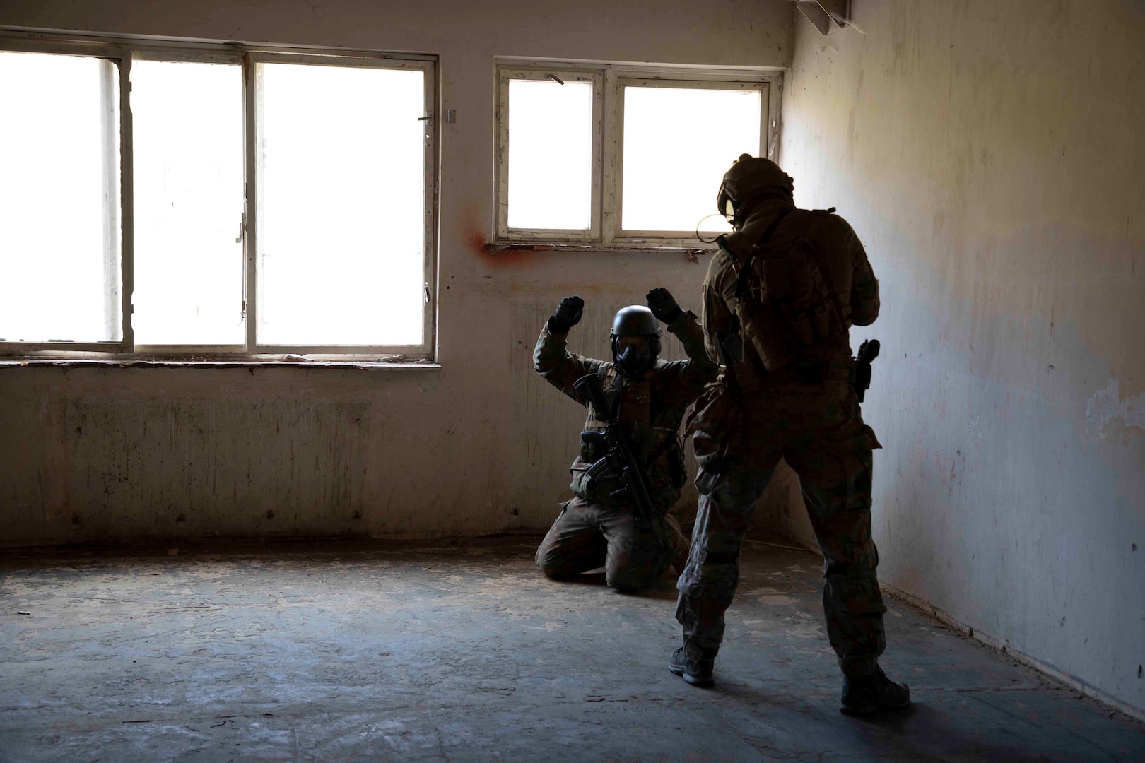 A Slovakian Special Operations Forces member secures a simulated enemy combatant Nov. 14, 2018 in Slovakia as part of the Advanced Combat Leaders Course. SOF from Lithuania, Poland and Slovakia attended the U.S.-led ACLC, a train-the-trainer course designed to improve SOF lethality in close quarters battle. (U.S. Army photo by Sgt. Alexis K. Washburn-Jasinski)