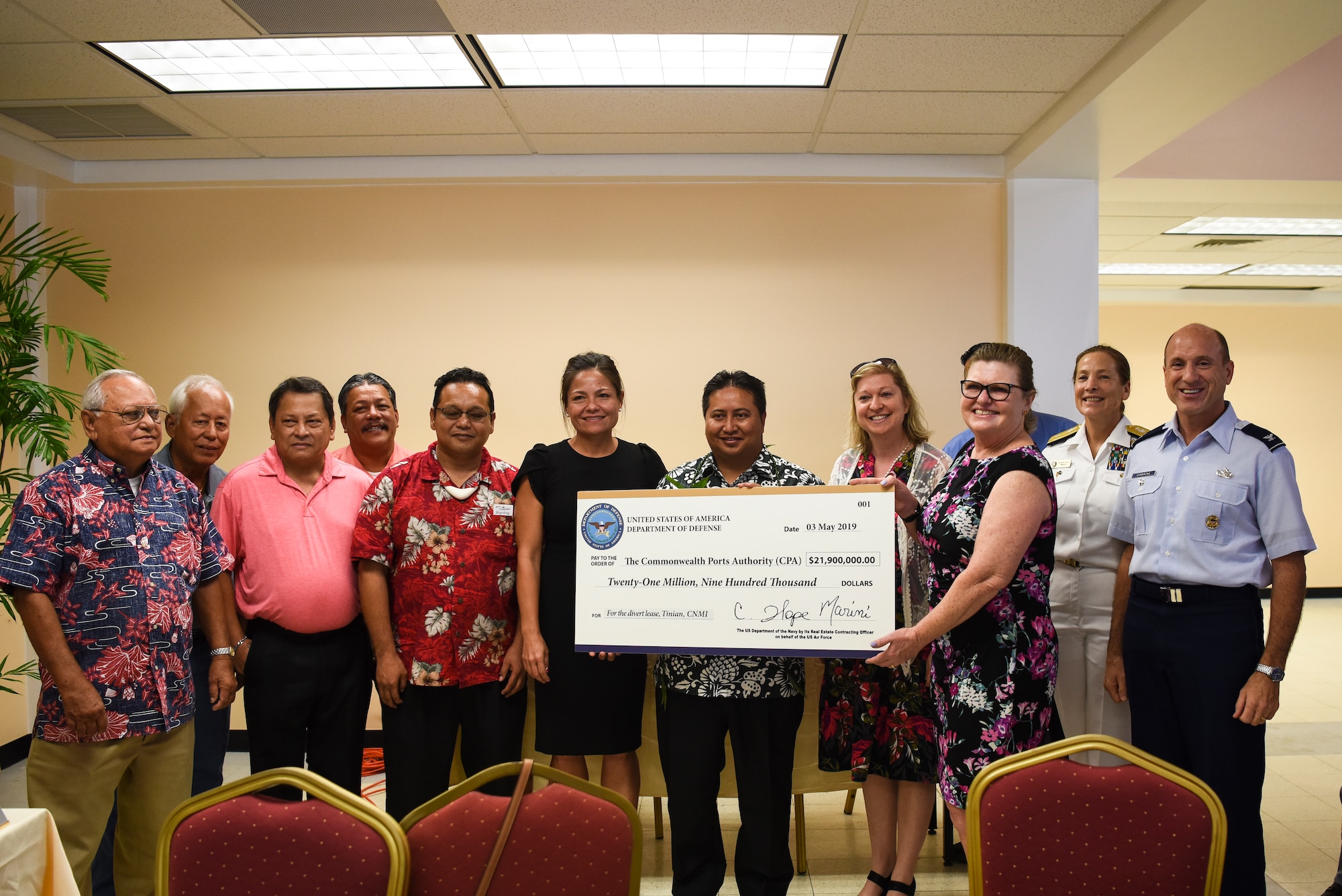 Officials from the Department of Defense, Commonwealth Port Authority, and the government of the Commonwealth of the Northern Mariana Islands signed a $21.9 lease agreement May 3, 2019, at Tinian Airport, CNMI. The $21.9 million lease deal is intended to allow the U.S. Air Force to divert aircraft to Tinian for training and operations, while also spurring economic growth on the island of Tinian. (U.S. Air Force photo by Tech. Sgt. Jake Barreiro)