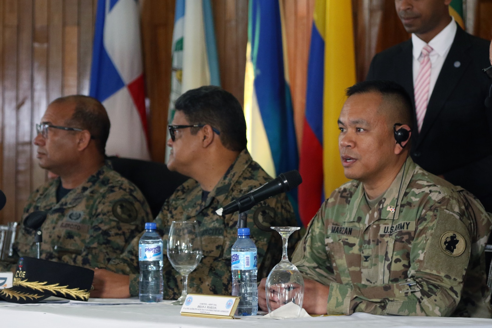 U.S. Army Col. Brian Marzan, Division Chief of U.S. Army South Training and Exercises and co-director of Fuerzas Aliadas Humanitarias 2019, answers media questions at the opening ceremony of FA-HUM 19.