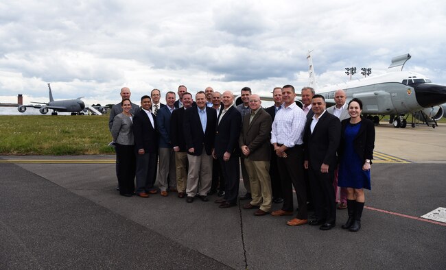 Members of the European Command Capstone 19-3 class pose for a photo at RAF Mildenhall, England May 6, 2019. EUCOM leaders, consisted of members of all five branches of the U.S. military, discussed infrastructure developments with wing leadership and gained an understanding of the resources needed on base. (U.S. Air Force photo by Airman 1st Class Brandon Esau)