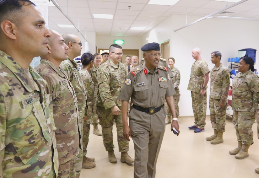 Maj. Gen. Ibrahim Alameeri, head of Medical Health Authority, Kuwait Land Forces, walks into the surgical suite of United States Military Hospital-Kuwait, at Camp Arifjan, Kuwait, May 5, 2019.