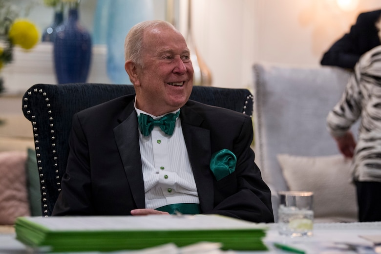 Lee Massey, former Jolly Green Association (JGA) president, smiles after the banquet celebrating the 50th reunion of the JGA, May 4, 2019, in Fort Walton Beach, Fla. The JGA presented Airmen from the 41st Rescue Squadron (RQS) and the 48th RQS with the Rescue Mission of the Year award; the only non Air Force award recognized by the Air Force. (U.S. Air Force Photo by Staff Sgt. Janiqua P. Robinson)