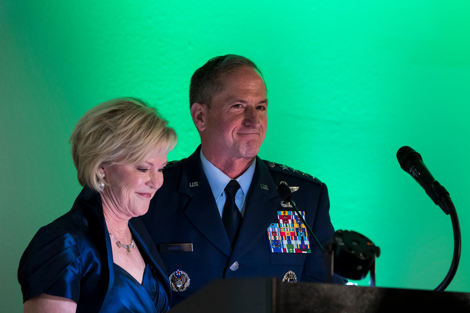 Air Force Chief of Staff Gen. David L. Goldfein and Dawn Goldfein Mrs. Goldfein thank past and present members of the rescue community for their bravery during the banquet celebrating the 50th reunion of the Jolly Green Association (JGA), May 4, 2019, in Fort Walton Beach, Fla. The JGA presented Airmen from the 41st Rescue Squadron (RQS) and the 48th RQS with the Rescue Mission of the Year award; the only non Air Force award recognized by the Air Force. (U.S. Air Force Photo by Staff Sgt. Janiqua P. Robinson)