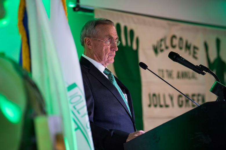 Barry Kamhoot, Jolly Green Association (JGA) president, gives remarks during the banquet celebrating the 50th reunion of the JGA, May 4, 2019, in Fort Walton Beach, Fla. The JGA presented Airmen from the 41st Rescue Squadron (RQS) and the 48th RQS with the Rescue Mission of the Year award; the only non Air Force rescue award recognized by the Air Force. (U.S. Air Force Photo by Staff Sgt. Janiqua P. Robinson)