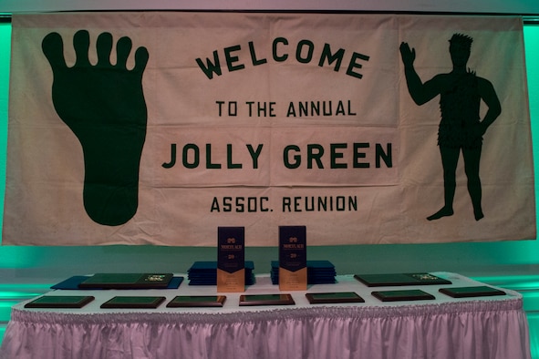 Awards rest on a table during the banquet celebrating the 50th reunion of the Jolly Green Association (JGA), May 4, 2019, in Fort Walton Beach, Fla. The JGA presented Airmen from the 41st Rescue Squadron (RQS) and the 48th RQS with the Rescue Mission of the Year award; the only non Air Force rescue award recognized by the Air Force. (U.S. Air Force Photo by Staff Sgt. Janiqua P. Robinson)