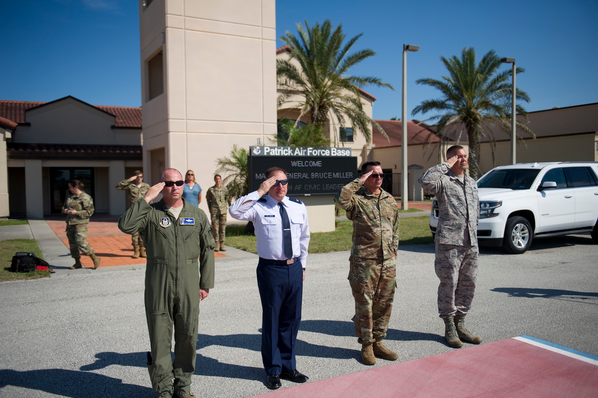 Maj. Gen. Ronald B. “Bruce” Miller, 10th Air Force commander, Naval Air Station Forth Worth, Texas showed up on Florida’s Space Coast with 15 Texas business and community leaders to visit the 920th Rescue Wing at Patrick Air Force Base, Florida and learn about its mission. Col. Kurt Matthews, 920th RQW commander, left, along with 920th RQW Command Chief Shane Smith, 3rd from left, and 45 SW leadership greeted the group upon their arrival in an Air Force C-17 Globemaster aircraft. The PAFB visit was their second stop on Florida’s East Coast after visiting the 482nd Fighter Wing, at Homestead Air Reserve Station, in Miami, earlier that day on April 24, 2019. (U.S. Air Force photo Patrick Air Force Base Multimedia)