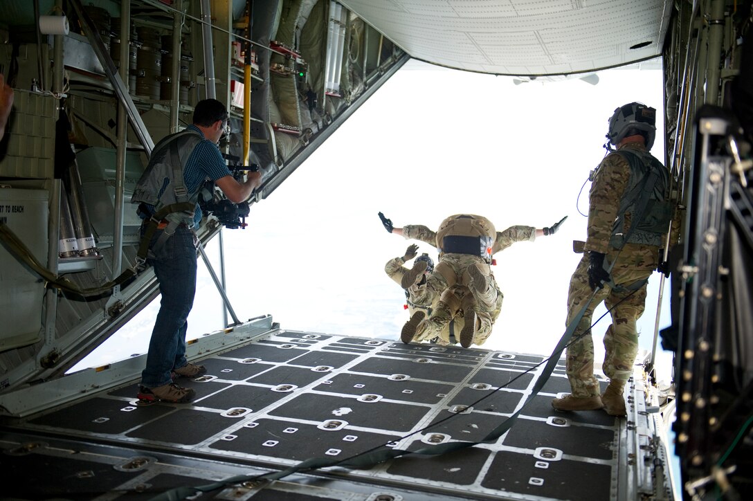 Maj. Gen. Ronald B. “Bruce” Miller, 10th Air Force commander, Naval Air Station Forth Worth, Texas showed up on Florida’s Space Coast with 15 Texas business and community leaders to visit the 920th Rescue Wing at Patrick Air Force Base, Florida and learn about its mission. During the visit, the general got to experience a tandem jump from an HC-130 King combat-search-and-rescue aircraft, showcasing one of the skills needed fro CSAR missions, as the civic leaders watched from the aircraft's open ramp. The PAFB visit was their second stop on Florida’s East Coast after visiting the 482nd Fighter Wing, at Homestead Air Reserve Station, in Miami, earlier that day on April 24, 2019. (U.S. Air Force photo Patrick Air Force Base Multimedia)