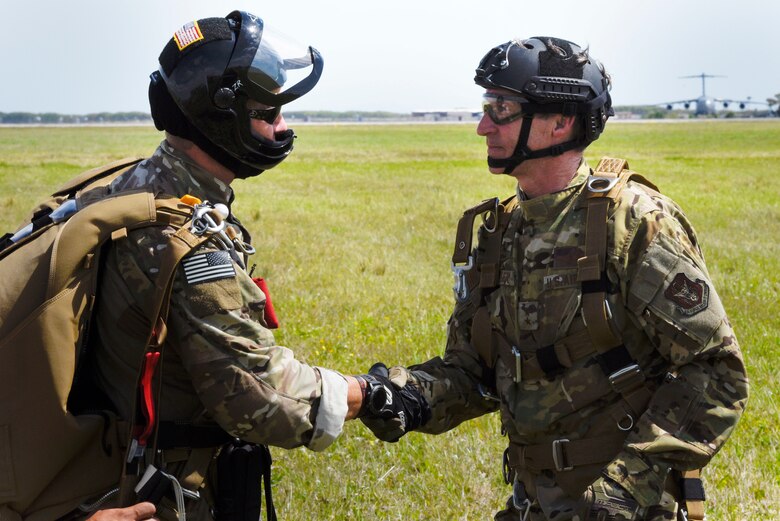 Maj. Gen. Ronald B. “Bruce” Miller, 10th Air Force commander, Naval Air Station Forth Worth, Texas showed up on Florida’s Space Coast with 15 Texas business and community leaders to visit the 920th Rescue Wing at Patrick Air Force Base, Florida and learn about its mission. During the visit, Miller experienced a tandem jump out of the back of an HC-130 King combat-rescue-and-rescue (CSAR) aircraft showcasing one of the skills required for CSAR missions. The civic leaders watched from the aircraft's open ramp. Afterward, Miller thanked Chief Master Mike Ziegler, pararescue chief, 308th Rescue Squadron, for being his jump master. The PAFB visit was their second stop on Florida’s East Coast after visiting the 482nd Fighter Wing, at Homestead Air Reserve Station, in Miami, earlier that day on April 24, 2019.