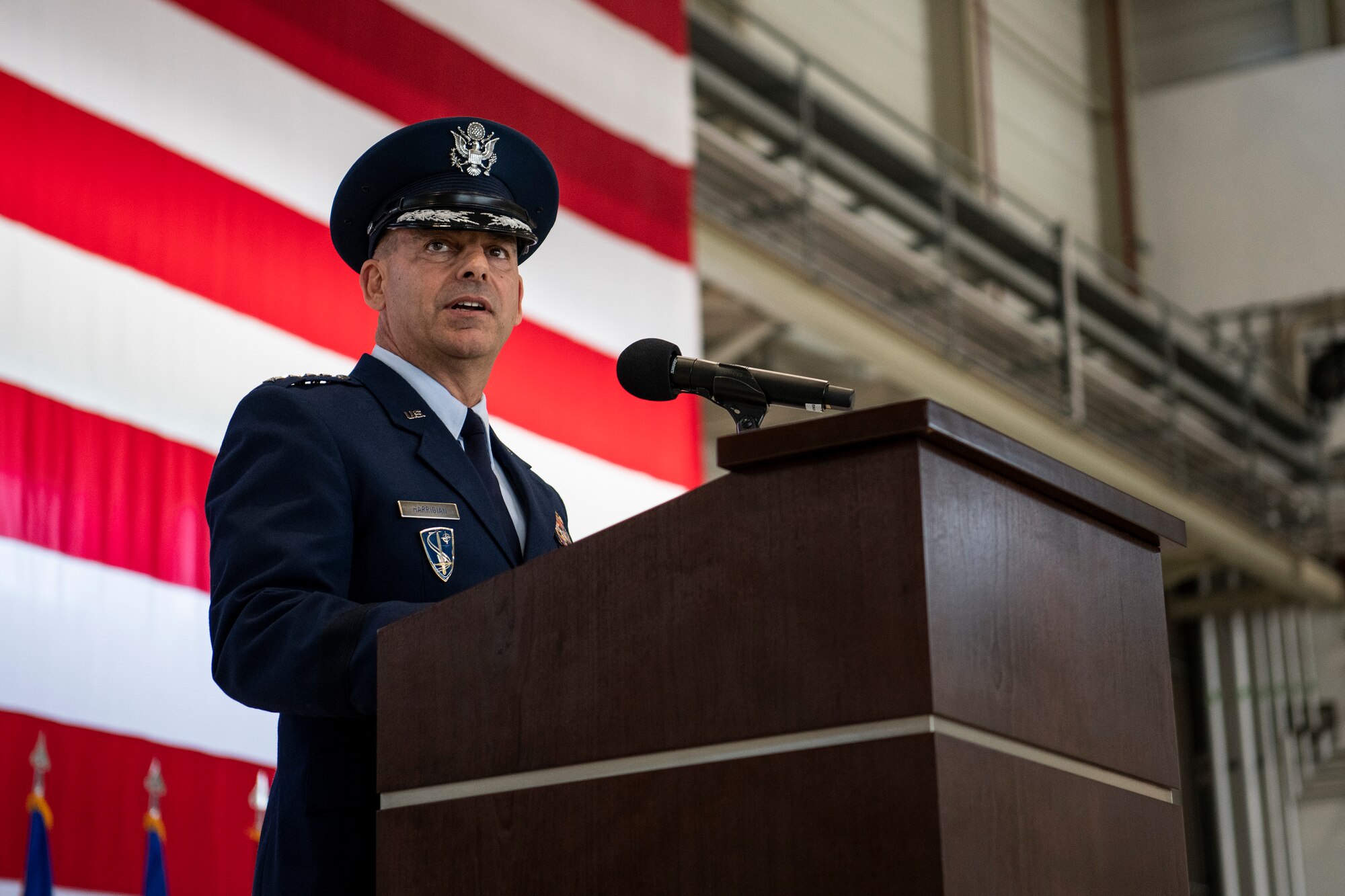 Gen. Jeff L. Harrigian, U.S. Air Forces in Europe Air Forces Africa commander, delivers his first address as commander during a change of command ceremony held at Ramstein Air Base, Germany, May 1, 2019. As the new commander of USAFE-AFAFRICA, Harrigian is responsible for the full-spectrum of Air Force war-fighting capabilities for two combatant commands. (DoD photo by Mass Communication Specialist 2nd Class Eric Coffer)