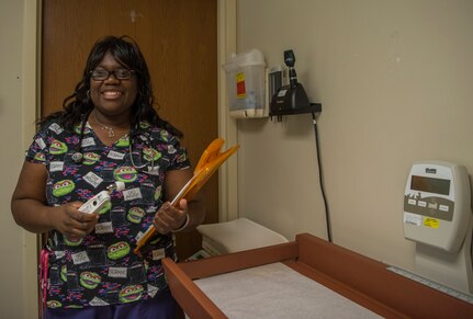 Tee Bennett, 628th Medical Operations Squadron pediatrics nurse, stands in an exam room May 7, 2019, at Joint Base Charleston’s 628th Medical Group.