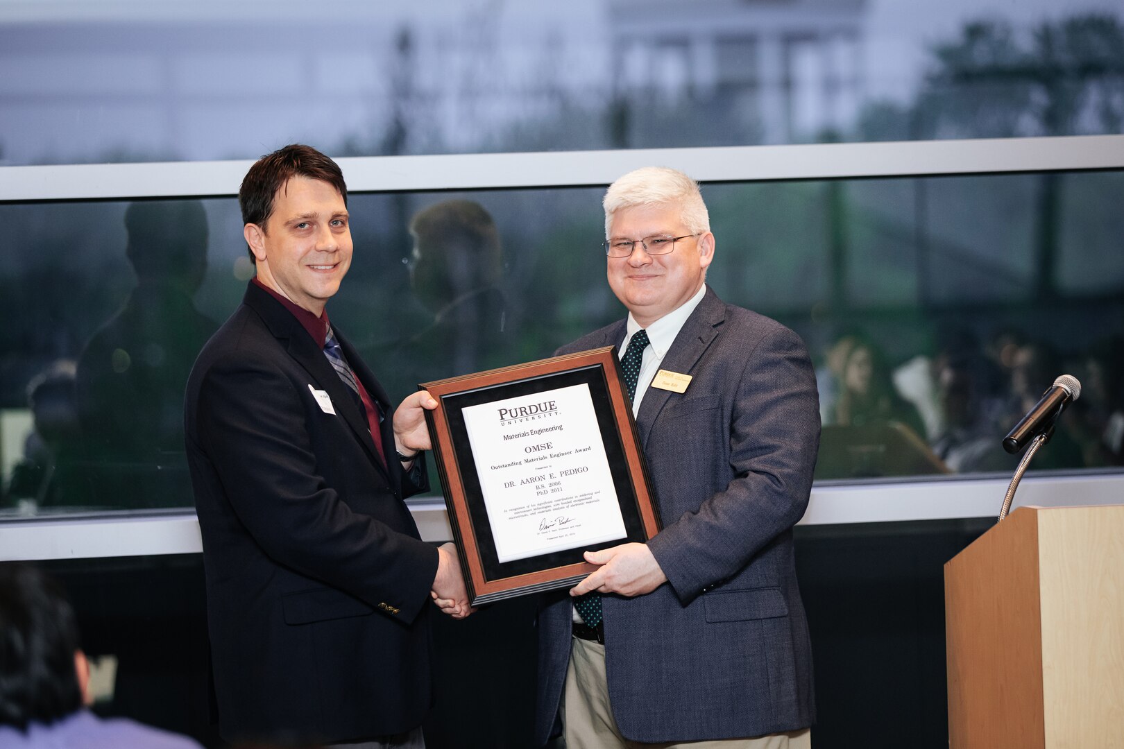 Dr. Aaron Pedigo, a Materials Engineer at NSWC Crane, was recognized with the Outstanding Materials Engineer (OMSE) award for demonstrating exemplary accomplishments and leadership in his field.