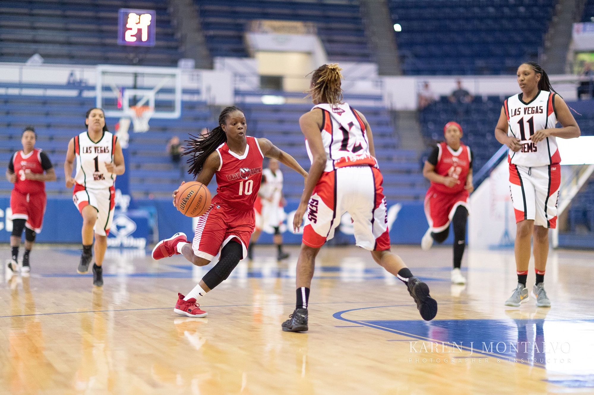 The Joint Base Langley-Eustis Lady Raptors play against the Las Vegas Gems at the Military Basketball Association Finals tournament game, at Colorado Springs, Colorado, April 14, 2019.