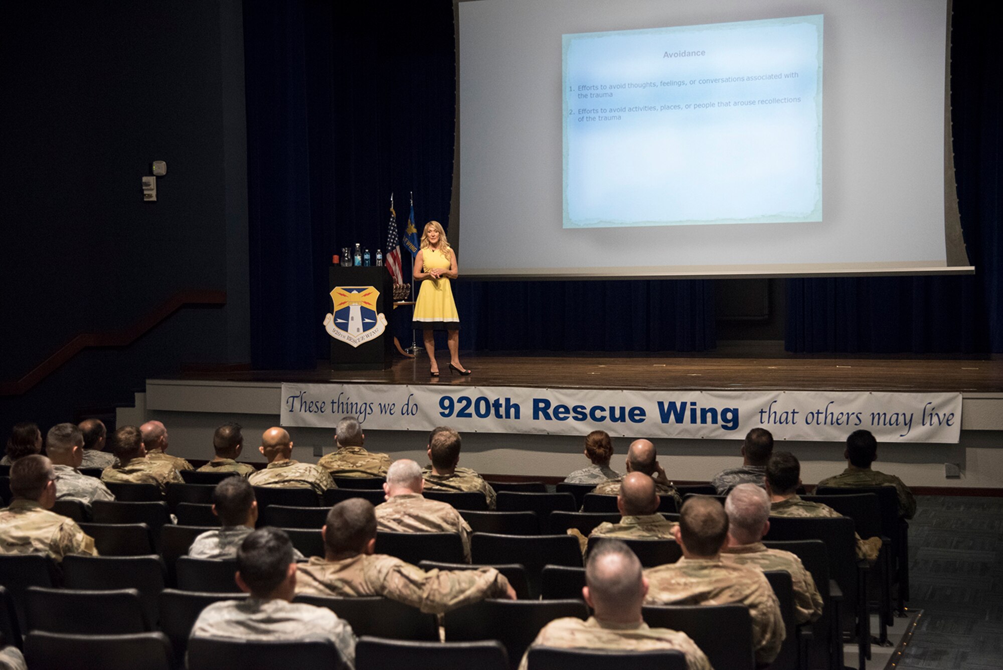 Dr. Carrie Elk, of the Elk Institute for Psychological Health Performance, gave a presentation to wing leaders about post-traumatic stress, Saturday, April 6 at the Base Theater. The Elk Institute for Psychological Health & Performance is a non profit 501(c)3 that was established to provide
individual and group education, consultation, treatment, and clinical research service to the military and veteran community locally, nationally and internationally. (U.S. Air Force photo Senior Airman Brandon Kalloo Sanes)