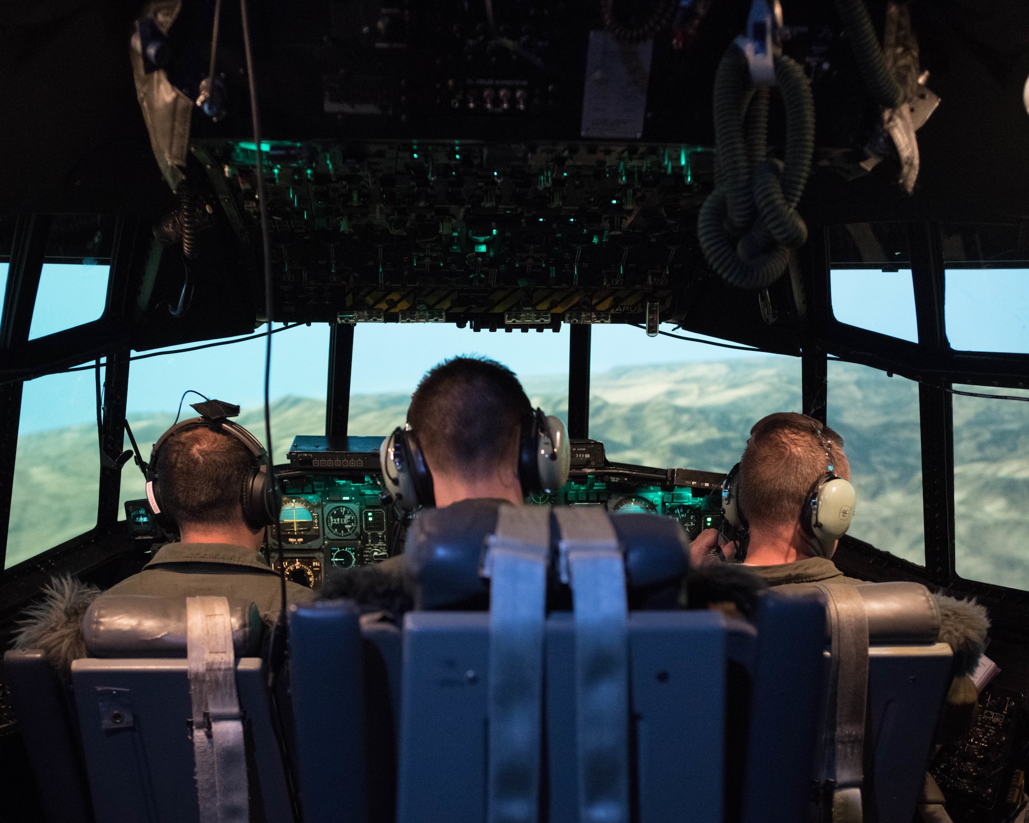 A 757th Airlift Squadron flight-crew operates a C-130H Hercules flight simulator on April 24, 2019, at the Dobbins Eastern Regional Flight Simulator at Dobbins Air Reserve Base, Georgia.