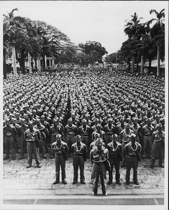 The 442nd Regimental Combat Team, made up of Japanese-American soldiers, stands in formation at Iolani Palace, Hawaii, prior to a departure for training, March 1943. The month of May is designated as Asian American and Pacific Islander Heritage Month in the U.S. This monthlong observance celebrates the achievements and contributions of Asian Americans and Pacific Islanders in the U.S. and recognizes the hardships and challenges they endured.