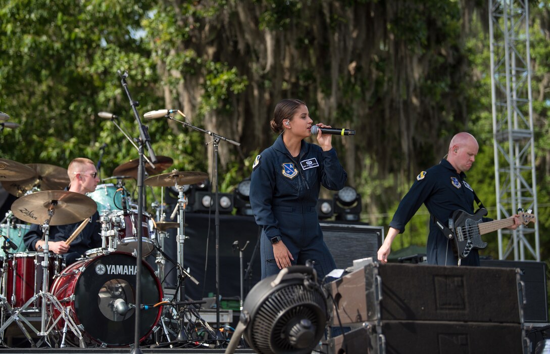 Lead vocalist for Max Impact, Technical Sgt. Nalani Quintello, performs at the Armed Forces Tribute during the 2019 Suwannee River Jam. This event took place at the Spirit of the Suwannee Music Park on Saturday, May 4, 2019.