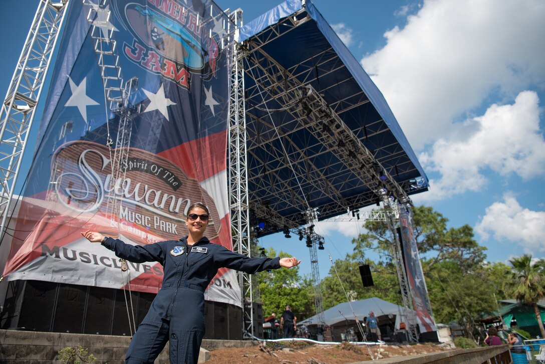 Lead vocalist of Max Impact, Technical Sgt. Nalani Quintello, poses in front of the stage before performing for the Armed Forces Tribute at the 2019 Suwannee River Jam, which took place at the Spirit of the Suwannee Music Park on Saturday, May 4, 2019.