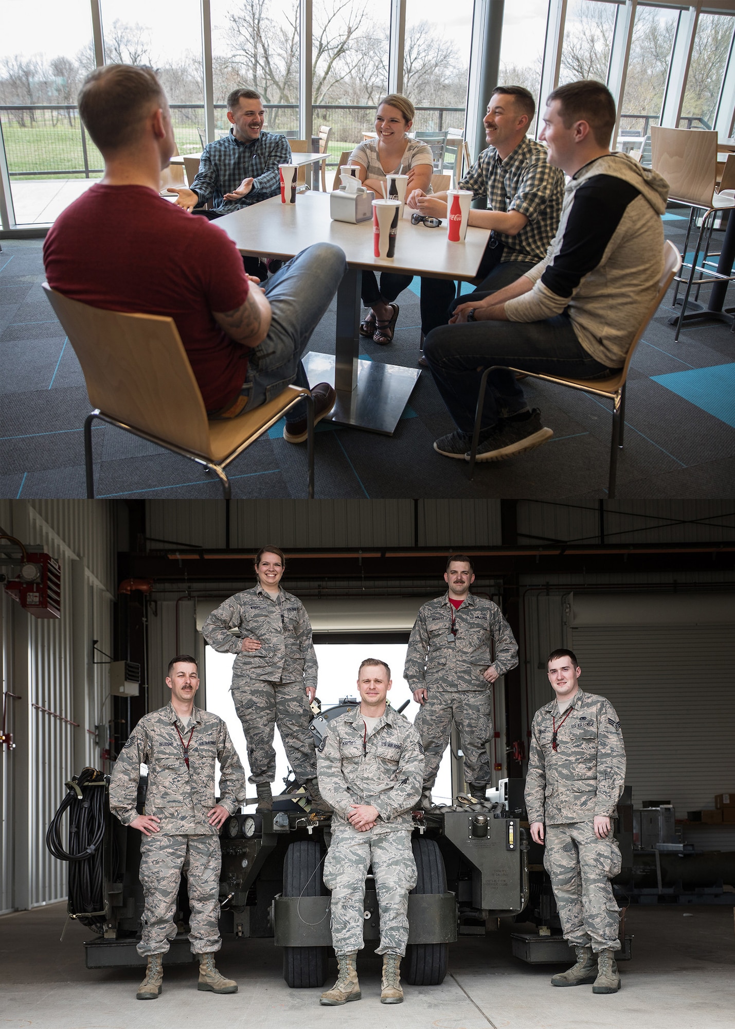 Two photos depicting Airmen from the 131st Bomb Wing both on and off the job.