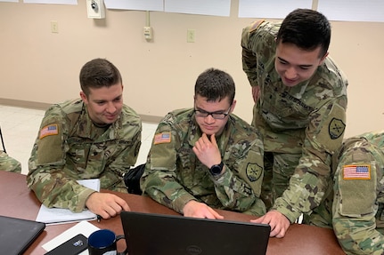 Virginia National Guard Soldiers assigned to the Fairfax-based 123rd Cyber Protection Battalion, 91st Cyber Brigade, provide digital forensics support to identify indicators of compromise and the source of intrusion to help protect a customer network in a virtualized training environment April 16, 2019, at Camp Atterbury, Indiana, during Cyber Shield 19.