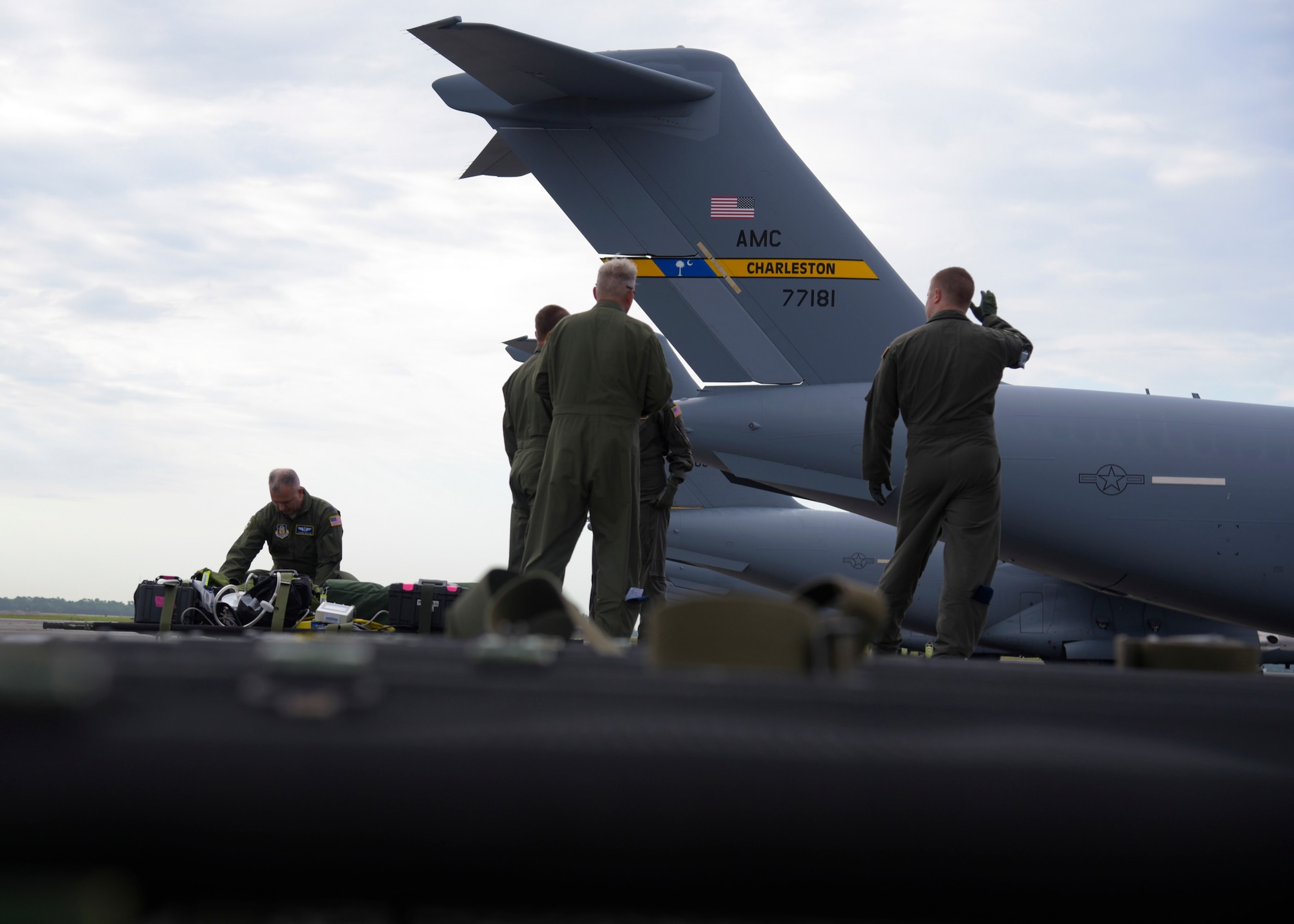 U.S. Air Force 315th Aeromedical Evacuation Squadron team at Joint Base Charleston, South Carolina, prepares medical equipment  to load a C-17 Globemaster III for a National Disaster Management System exercise May 7, 2019, at JB Charleston. These NDMS training flights help the 315AES prepare for real life scenerios to ensure Airmen stay well practiced.