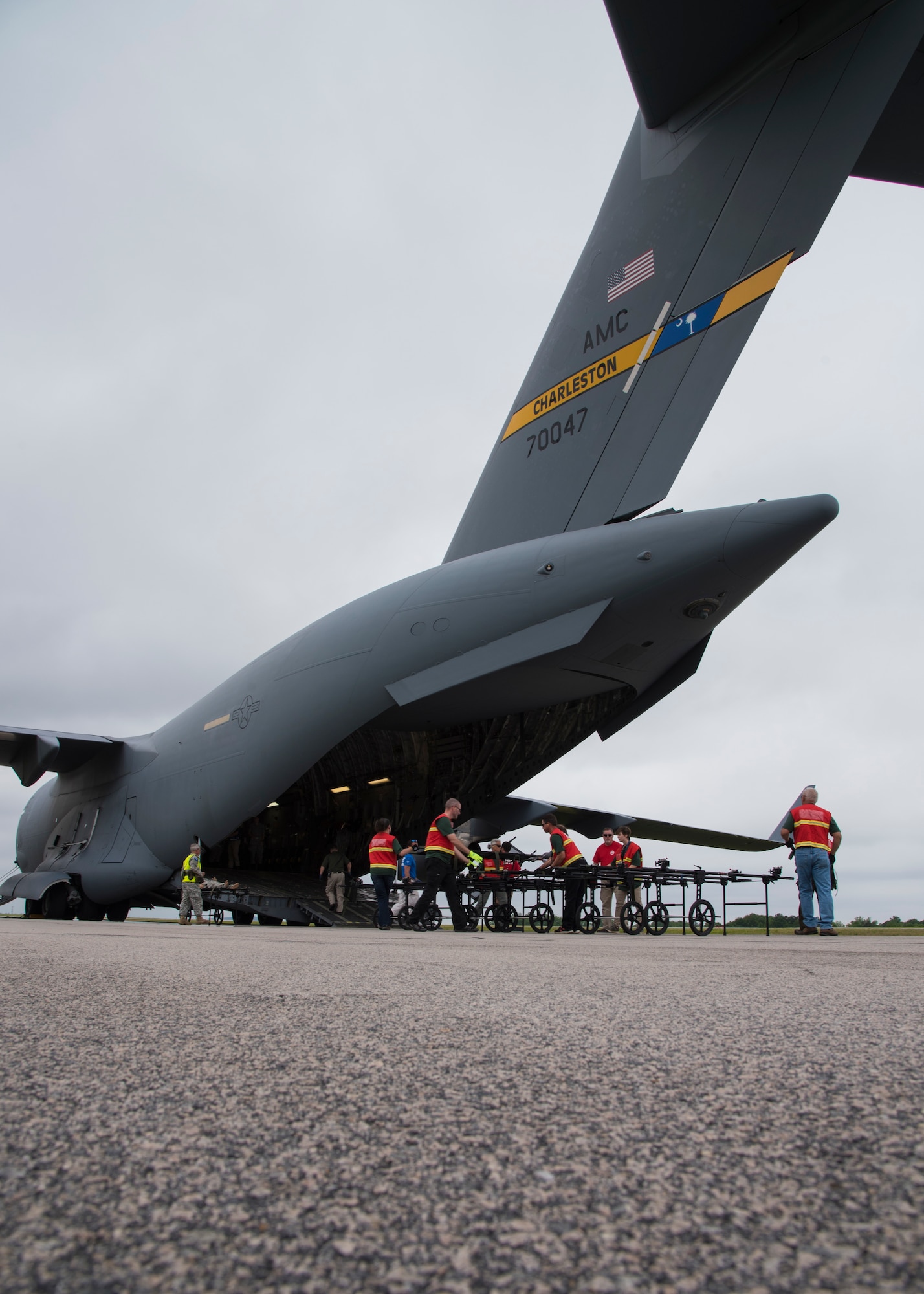 U.S. Air Force 315th Aeromedical Evacuation Squadron at Joint Base Charleston, South Carolina, delivers mock paitents to the  Spartanburg Regional Hospital Emergency Response Team (HERT) during a National Disaster Management System exercise May 7, 2019, in Greenville, S.C. These NDMS training flights help the 315AES prepare for real life scenerios to ensure Airmen stay well practiced.