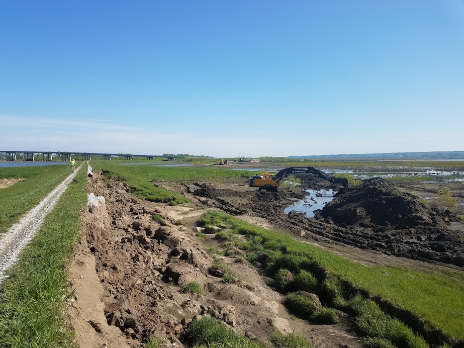 View at site of breached levee 611-614 near Highway 34 near Council Bluffs, Iowa May 5, 2019, prior to construction of haul road to be used to access levee for repairs.