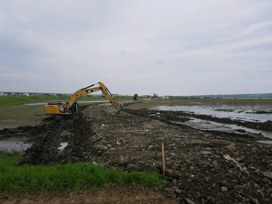 View at site of breached levee 611-614 near Highway 34 near Council Bluffs, Iowa May 6, 2019 during construction of haul road, which will be used to access the levee to make repairs.