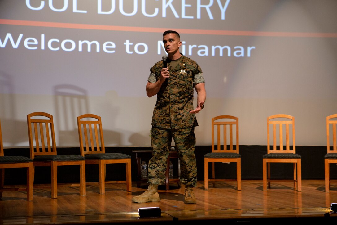 Col. Charles B. Dockery, commanding officer of Marine Corps Air Station Miramar, speaks to Marines and guests during the opening ceremony of Installation Next at MCAS Miramar, Calif., May 7. The Installation Next event focused on the ability of the Marine Corps to meet the long-term challenges in official and personal movement of goods and people on our installations. (U.S. Marine Corps photo by Lance Cpl. Cheng Chang)