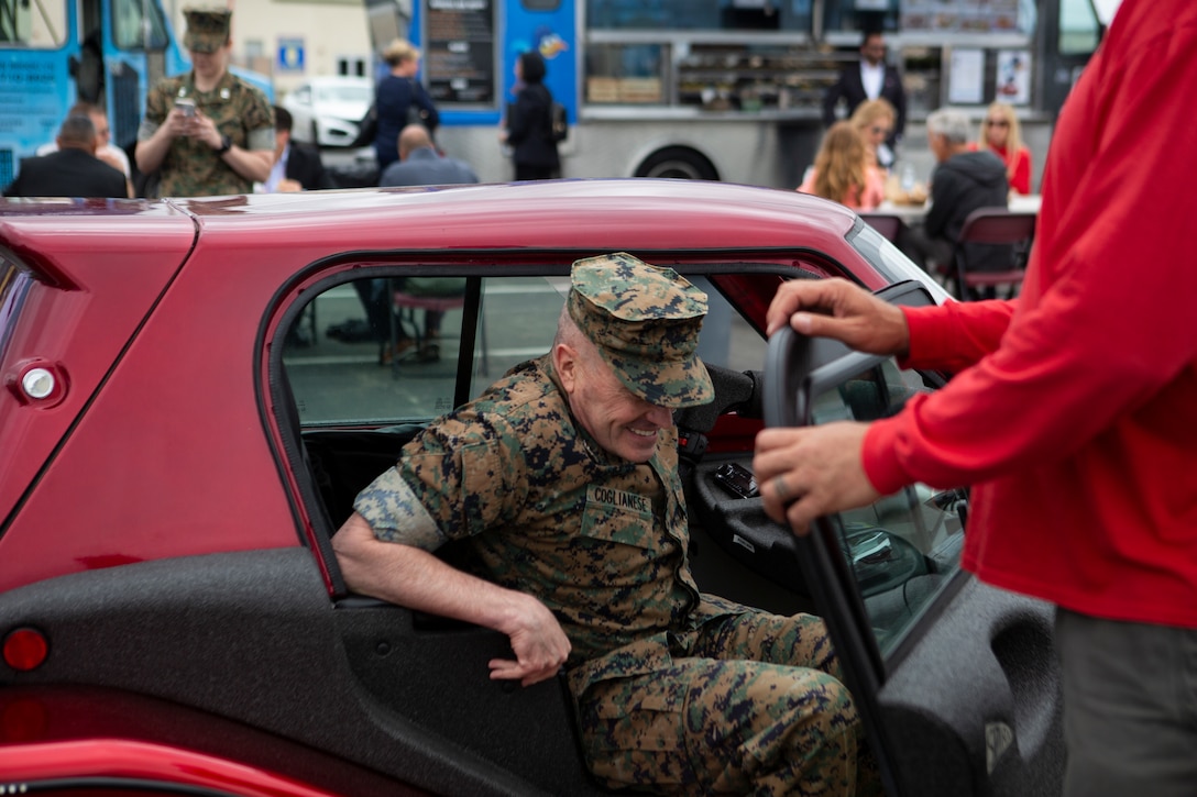 Maj. Gen. Vincent A. Coglianese, commanding general, Marine Corps Installations Command, test-drives a Spira vehicle during the Installation Next event at Marine Corps Air Station Miramar, Calif., May 7.  The Installation Next event focused on the ability of the Marine Corps to meet the long-term challenges in official and personal movement of goods and people on our installations. (U.S. Marine Corps photo by LCpl. Cheng Chang)