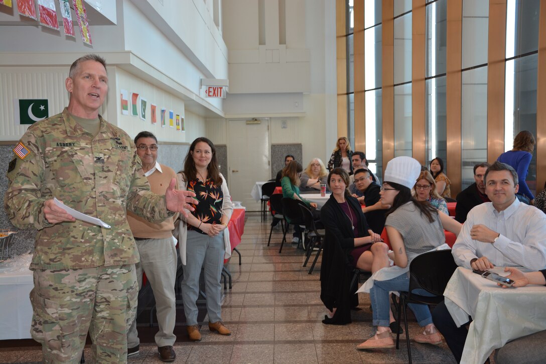 COL Thomas Asbery, Commander, New York District, addresses district personnel at New York District’s Diversity Day celebration.