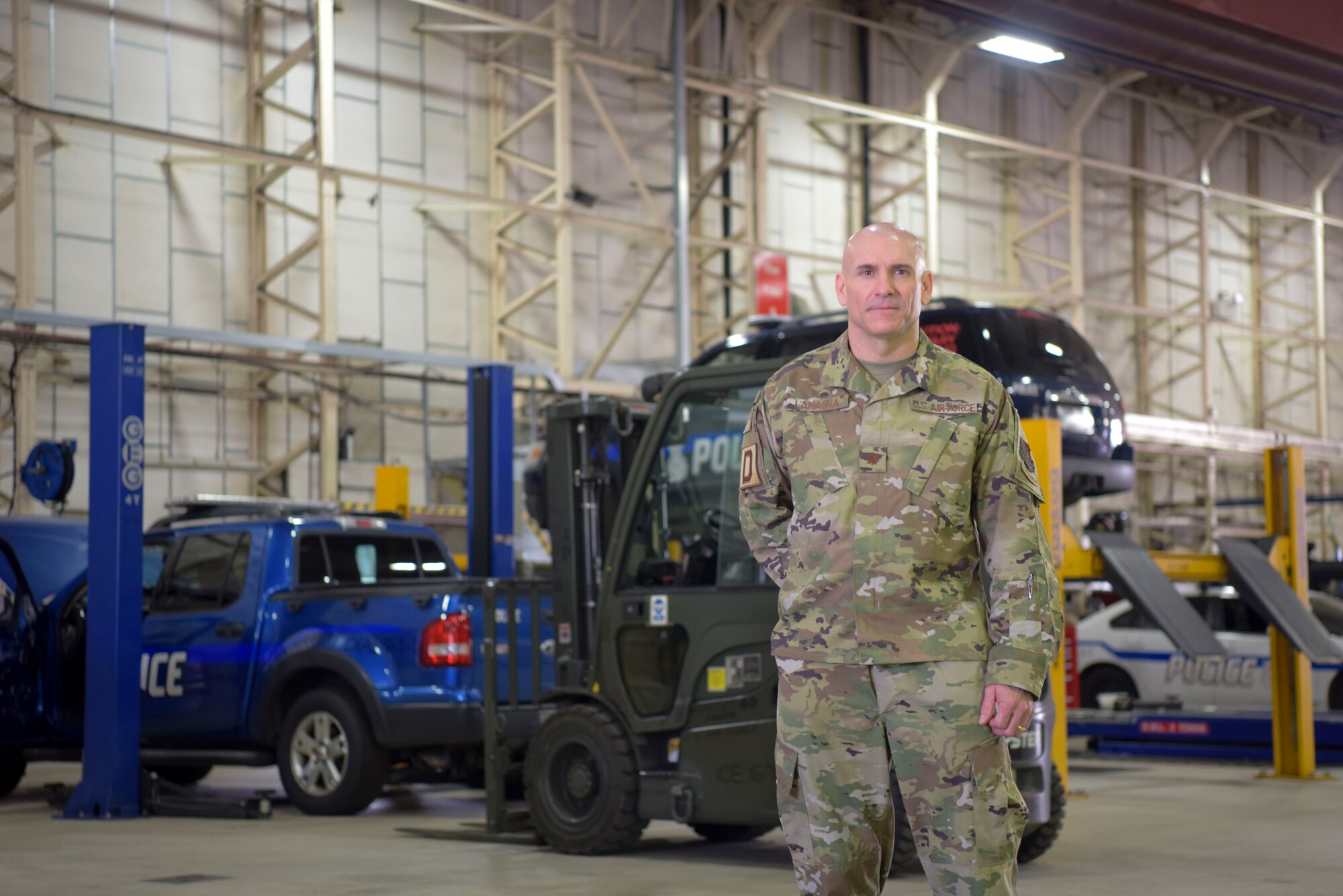 U.S. Air Force Maj. Anthony LaMagna, 100th Logistics Readiness Squadron commander, poses for a photo at RAF Mildenhall, England, May 2, 2019. LaMagna participates in ‘Walking with Warriors’ once a week, where all leadership leave their desk and interact with Airmen, from top leadership on down.   (U.S. Air Force photo by Senior Airman Alexandria Lee)