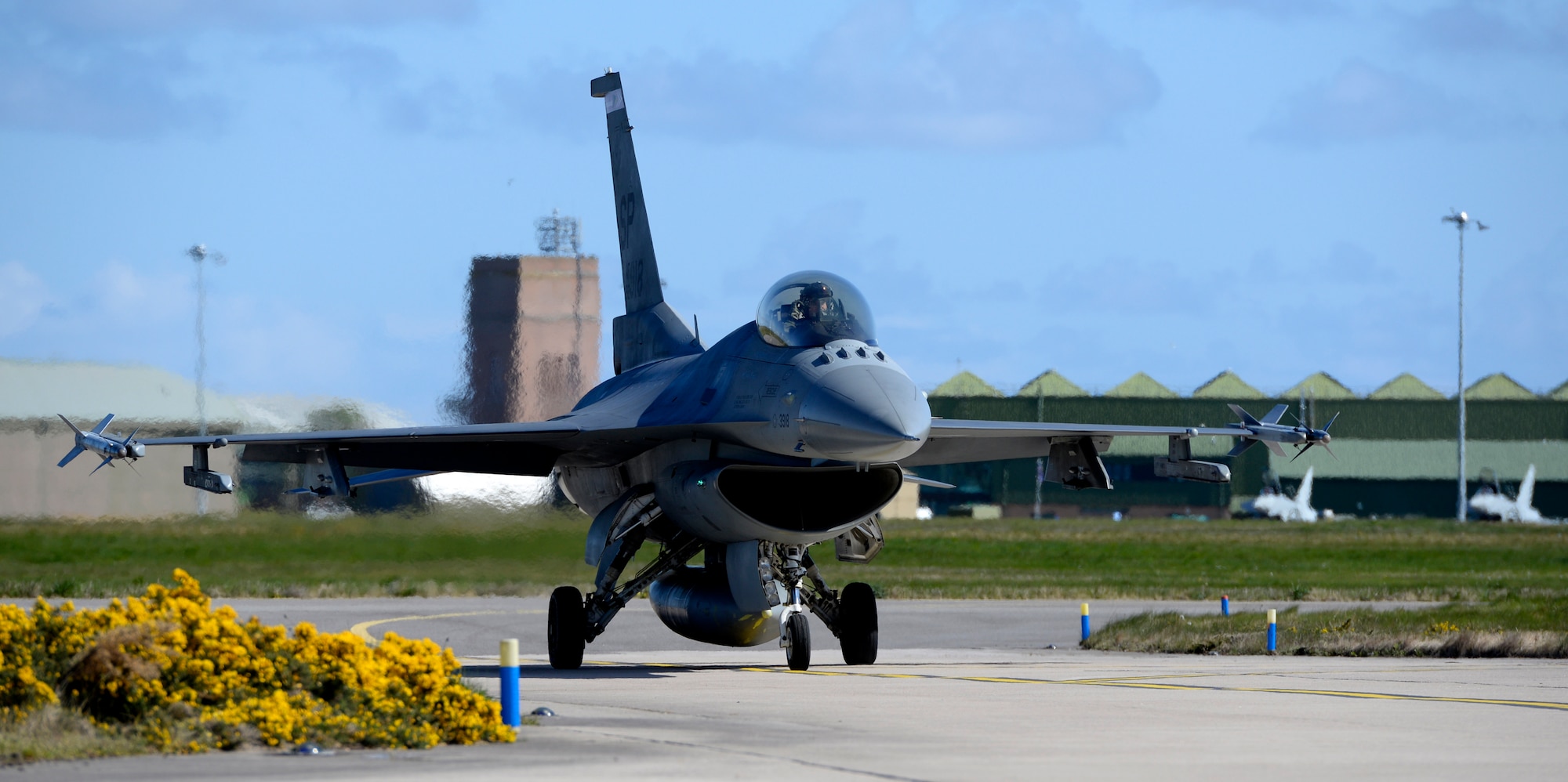 An F-16 Fighting Falcon from the 480th Fighter Squadron, 52nd Fighter Wing, Spangdahlem Air Base, Germany, taxis after a low-level training sortie at RAF Lossiemouth, Scotland, May 7, 2019, during exercise Formidable Shield. Formidable Shield is a U.S.-led exercise, conducted by Naval Striking and Support Forces NATO. The purpose of the training is to improve allied interoperability in a live-fire integrated air and missile defense exercise. (U.S. Air Force photo by Master Sgt. Austin M. May)
