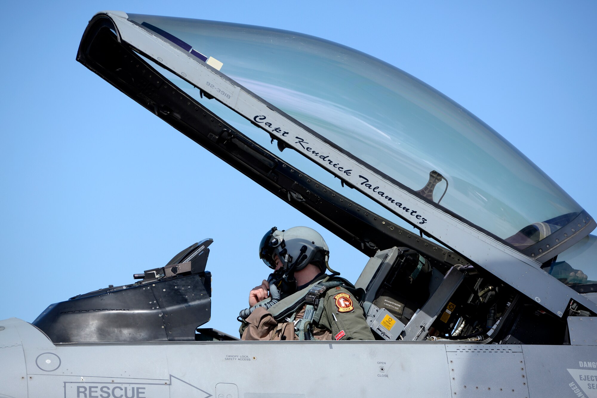 U.S. Air Force Maj. Kevin Bunten, 480th Fighter Squadron Assistant Director of Operations, prepares to fly an F-16 Fighting Falcon on a low-level training sortie at RAF Lossiemouth, Scotland, May 7, 2019, during exercise Formidable Shield. Formidable Shield is a U.S.-led exercise, conducted by Naval Striking and Support Forces NATO. The purpose of the training is to improve allied interoperability in a live-fire integrated air and missile defense exercise. (U.S. Air Force photo by Master Sgt. Austin M. May)