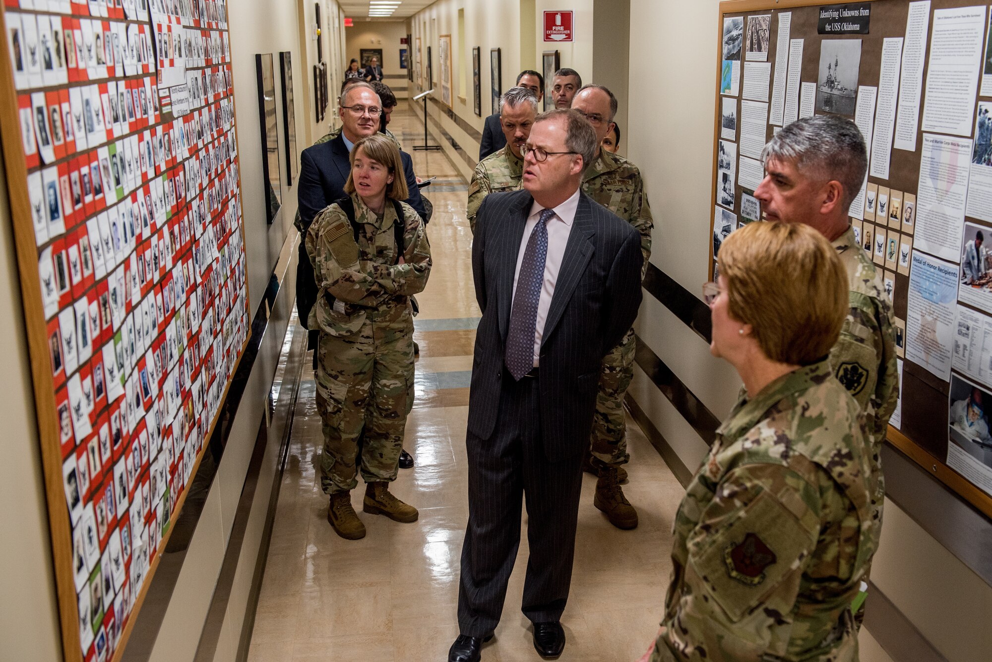 Thomas McCaffery, the Principal Deputy Assistant Secretary of Defense for Health Affairs, joins Lt. Gen. Dorothy Hogg, the Air Force Surgeon General, and Maj. Gen. Lee Payne, the Assistant Director for Combat Support for the Defense Health Agency, in touring the Armed Forces Medical Examiner System at Dover Air Force Base, Delaware, May 3, 2018. They visited Dover AFB as part of a Military Health System transformation effort, which began October 2018. (U.S. Air Force photos by Staff Sgt. Damien Taylor)