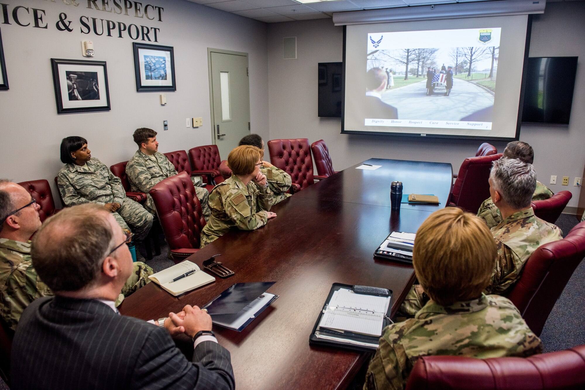 Thomas McCaffery, the Principal Deputy Assistant Secretary of Defense for Health Affairs, Lt. Gen. Dorothy Hogg, the Air Force Surgeon General, and Maj. Gen. Lee Payne, the Assistant Director for Combat Support for the Defense Health Agency, receives an Air Force Mortuary Affairs Operations briefing at Dover Air Force Base, Delaware, May 3, 2018. They also toured the 436th Medical Group and the Armed Forces Medical Examiner System. (U.S. Air Force photos by Staff Sgt. Damien Taylor)