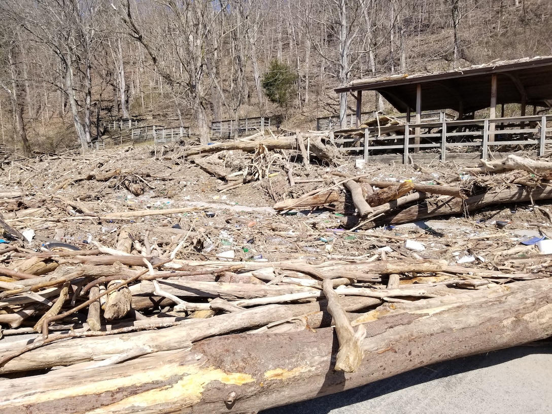 Debris covers the road into Waitsboro Recreation Area March 19, 2019 on the shoreline of Lake Cumberland in Somerset, Ky., before clean up operations began following high water at the U.S. Army Corps of Engineers Nashville District operated project. (USACE Photo)