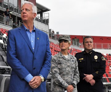 Brig. Gen. Laura L. Lenderman(center), 502nd Air Base Wing and Joint Base San Antonio commander, stands with Gordon Hartman, of the Gordon Hartman Family Foundation (left), and Chief Joseph Salvaggio (right), Leon Valley chief of police, prior to the opening ceremony of the 50th Annual Special Olympics Texas Summer Games May 3, 2019 at Toyota Field in San Antonio, Texas.