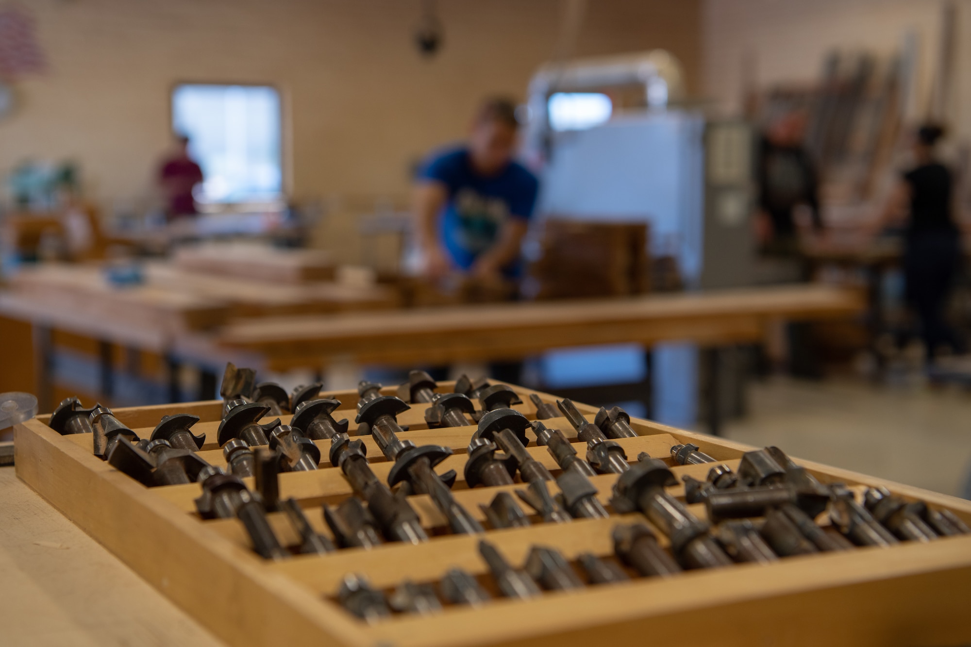 A freshly stocked tray of router drill bits, lay ready for use May 4, 2019, at Luke Air Force Base, Ariz.