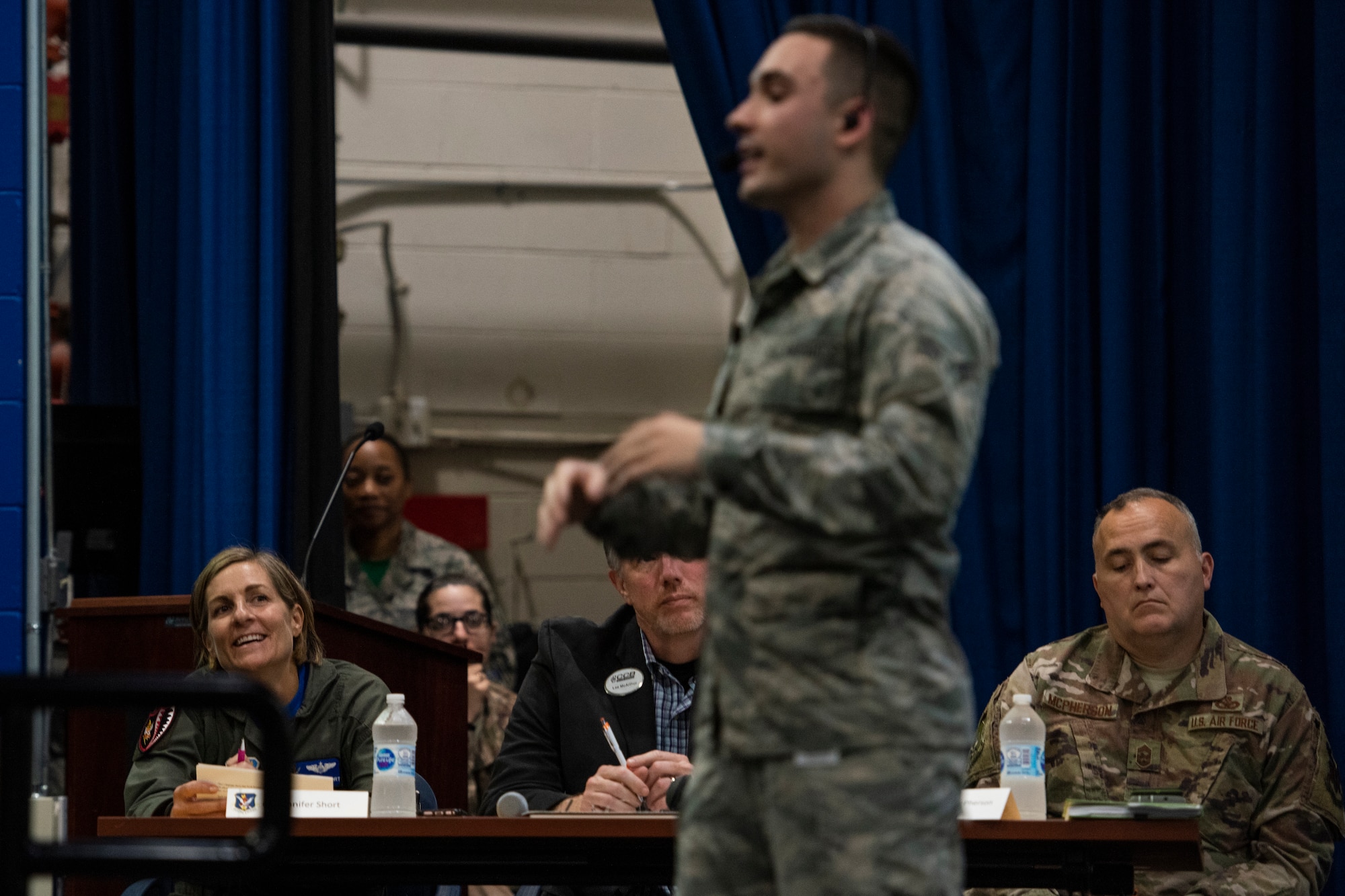 Judges listen as a contestant presents his idea during the second annual Moody Spark Tank competition, May 3, 2019, at Moody Air Force Base, Ga. The competition allows Airmen to showcase their ingenuity by presenting various time and money saving ideas that can benefit the Air Force. (U.S. Air Force photo by Airman 1st Class Joseph P. Leveille)