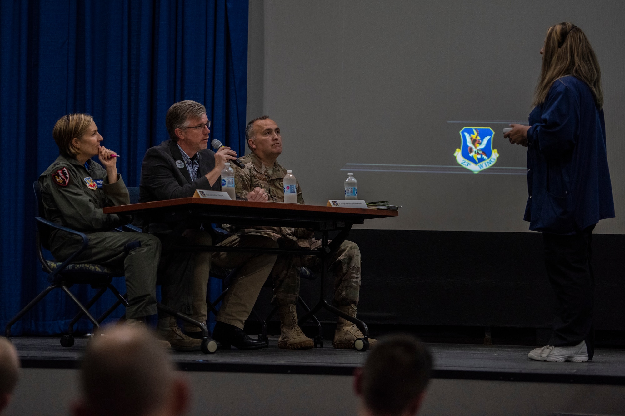 A contestant pitches an idea to the judges during the second annual Moody Spark Tank competition, May, 3, 2019, at Moody Air Force Base, Ga. Teams were given five minutes to present their ideas, followed by four minutes of questions from the judges and culminating in a final decision round to announce the winners. (U.S. Air Force photo by Airman 1st Class Joseph P. Leveille)