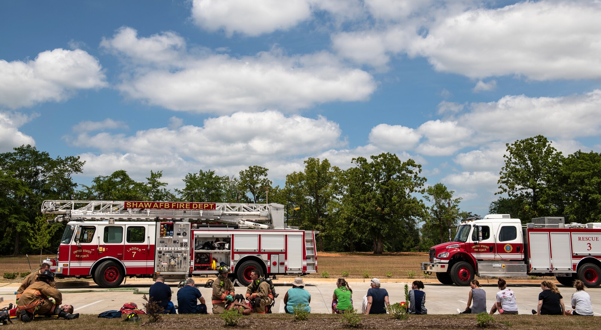 Victims of a simulated car bomb receive treatment during a chemical, biological, radiological and nuclear attack exercise at Shaw Air Force Base, S.C., May 2, 2019.