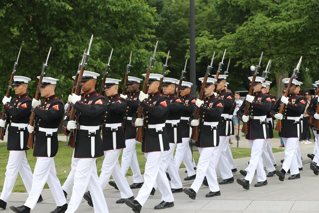Marines with the U.S. Marine Corps Silent Drill Platoon, Marine Barracks Washington D.C., perform for an Honor Flight at the Lincoln Memorial, Washington, D.C., May 8, 2019. An Honor Flight is conducted by non-profit organizations dedicated to transporting as many United States military veterans as possible to see the memorials in D.C. of the respective war they fought in at no cost to the veterans. (U.S. Marine Corps photo by Pfc. Allen Sanders)