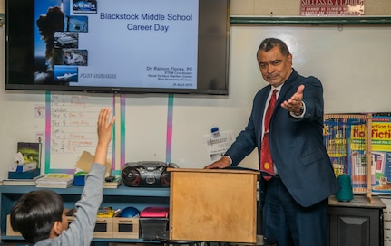 Ramon Flores, the science technology engineering and mathematics (STEM) coordinator at Naval Surface Warfare Center, Port Hueneme Division gives a presentation to students at Blackstock Middle School as part of a career day event, April 26.