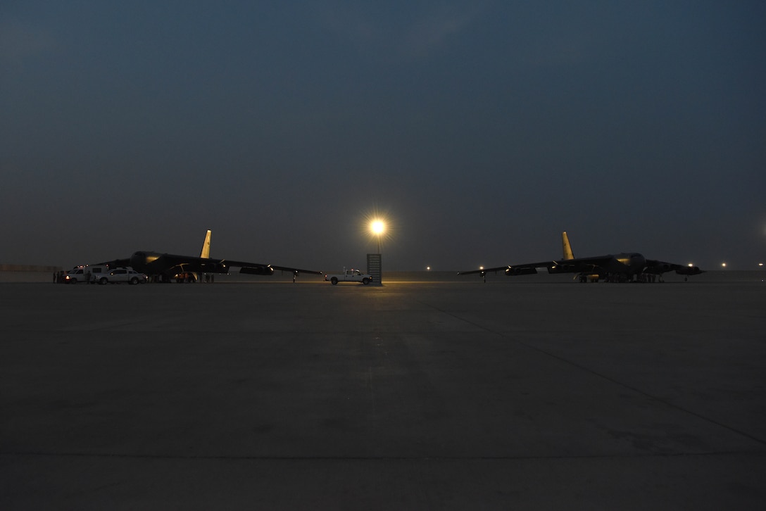 U.S. B-52H Stratofortress aircraft assigned to the 20th Expeditionary Bomb Squadron are parked on a flight line May 8, 2019. The B-52H can perform strategic attack, close-air support, air interdiction, offensive counter-air and maritime operations to support stability in the region. The Bomber Task Force is deployed to U.S. Central Command area of responsibility to defend American forces and interests in the region. (U.S. Air Force photo by Staff Sgt. Ashley Gardner)